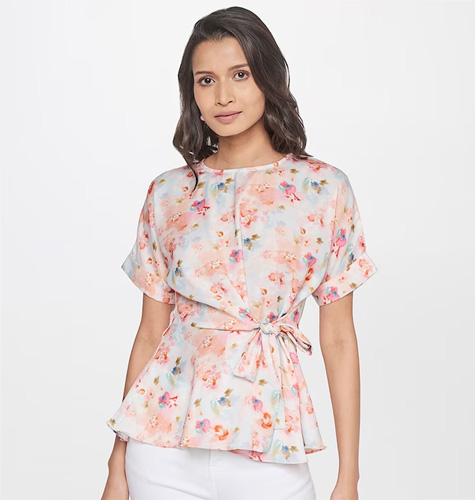 Peach-Coloured Floral Print Shirt Style Top